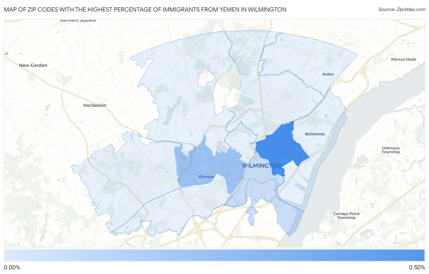 Zip Codes with the Highest Percentage of Immigrants from Yemen in Wilmington Map