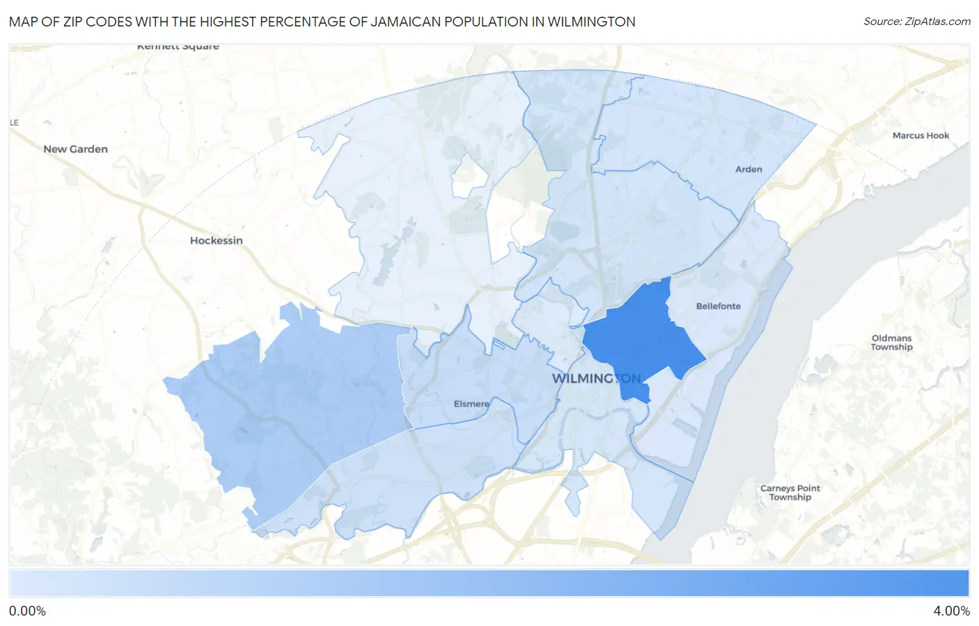 Zip Codes with the Highest Percentage of Jamaican Population in Wilmington Map