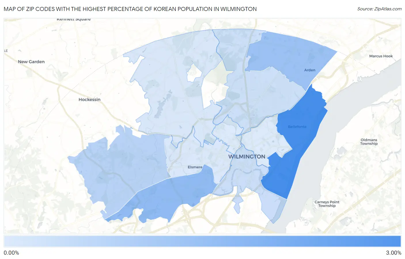 Zip Codes with the Highest Percentage of Korean Population in Wilmington Map