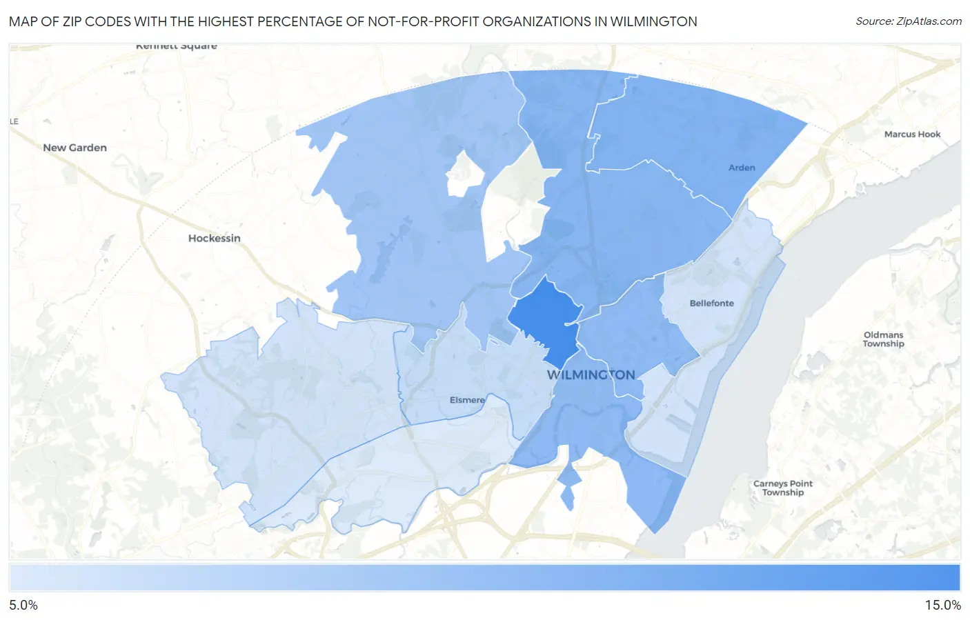 Zip Codes with the Highest Percentage of Not-for-profit Organizations in Wilmington Map