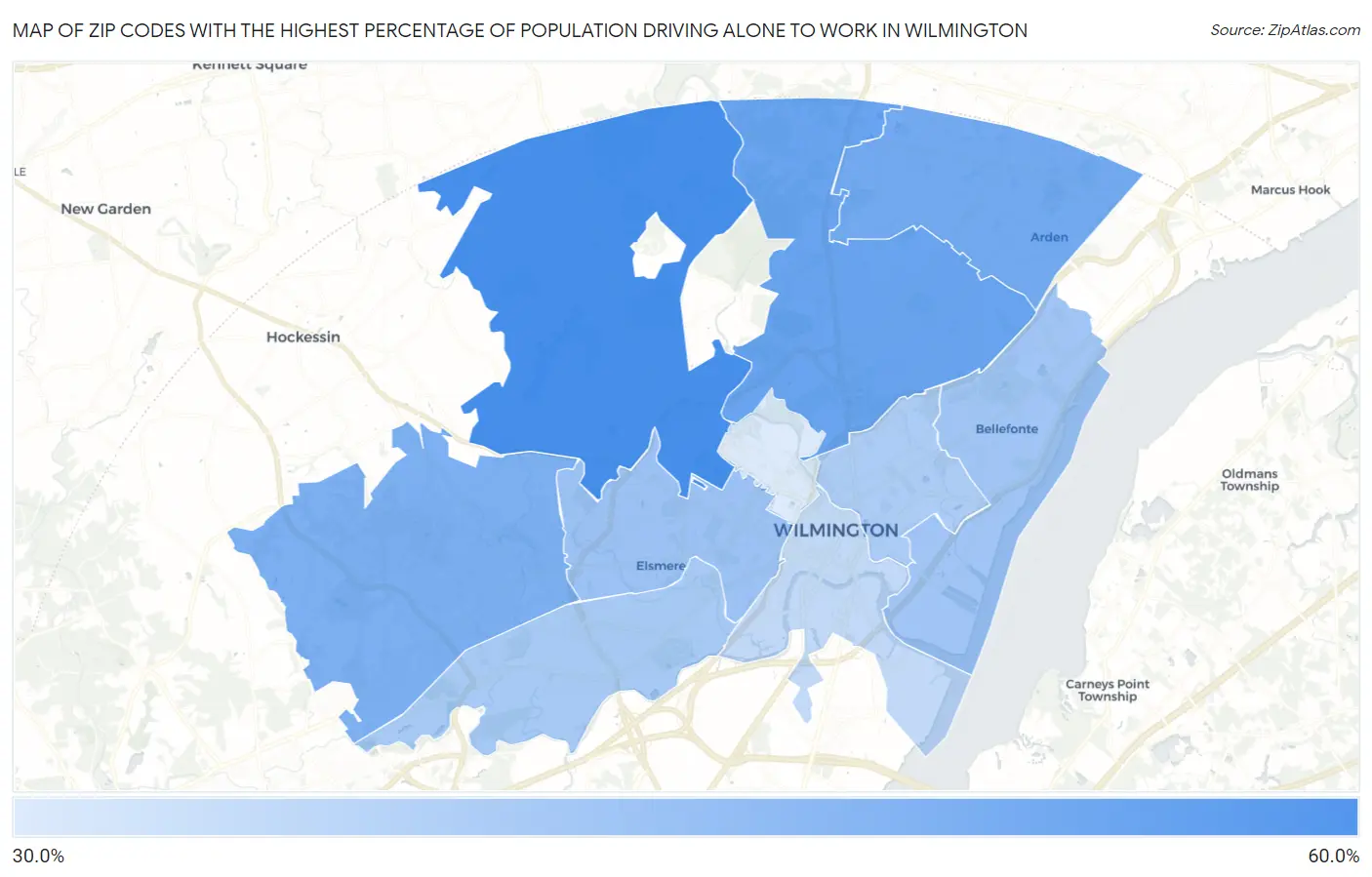Zip Codes with the Highest Percentage of Population Driving Alone to Work in Wilmington Map