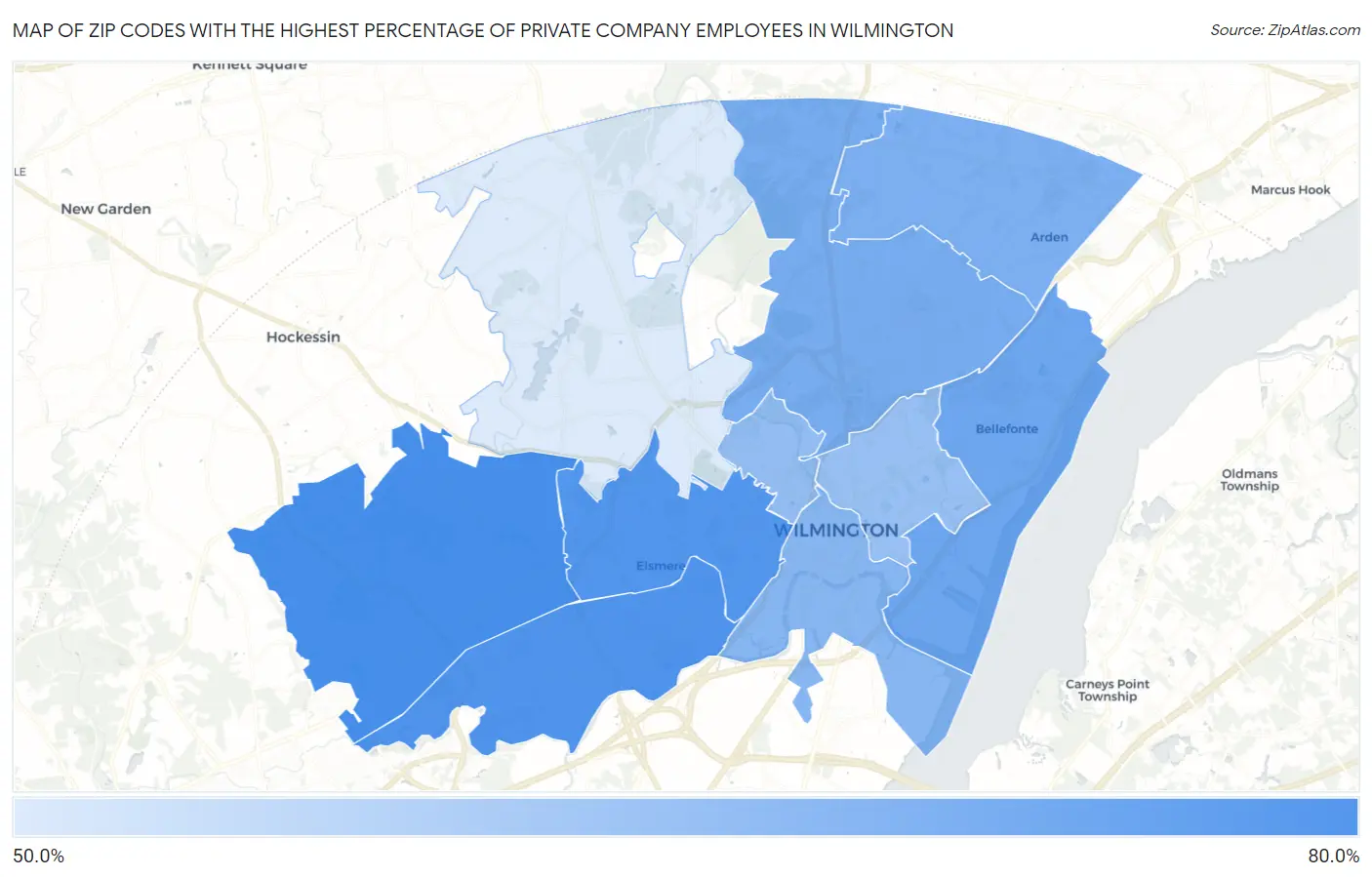 Zip Codes with the Highest Percentage of Private Company Employees in Wilmington Map