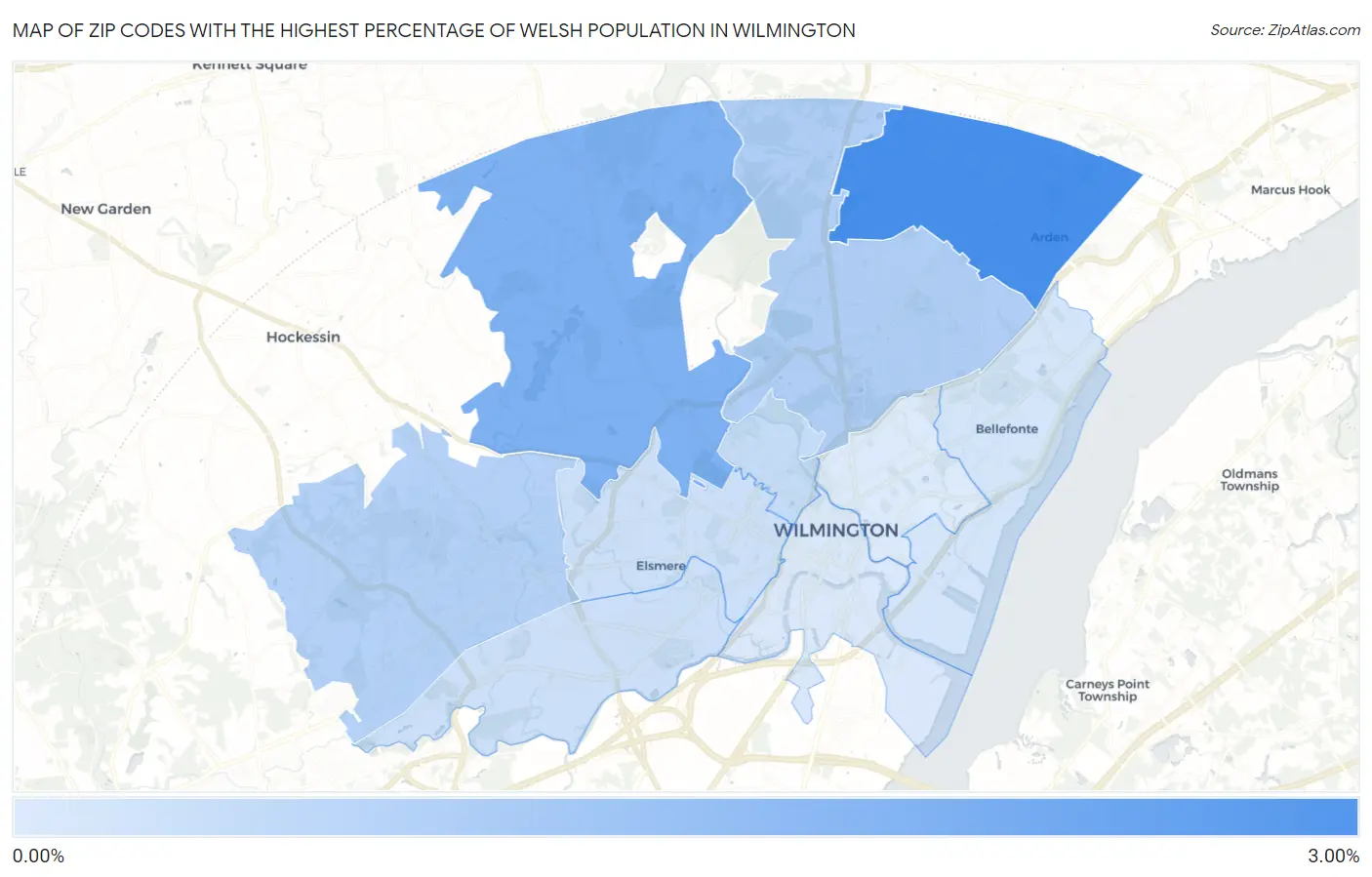 Zip Codes with the Highest Percentage of Welsh Population in Wilmington Map