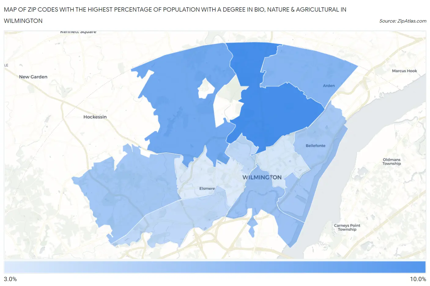 Zip Codes with the Highest Percentage of Population with a Degree in Bio, Nature & Agricultural in Wilmington Map