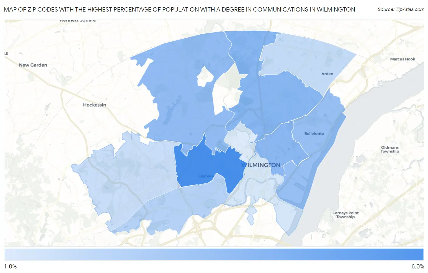 Zip Codes with the Highest Percentage of Population with a Degree in Communications in Wilmington Map