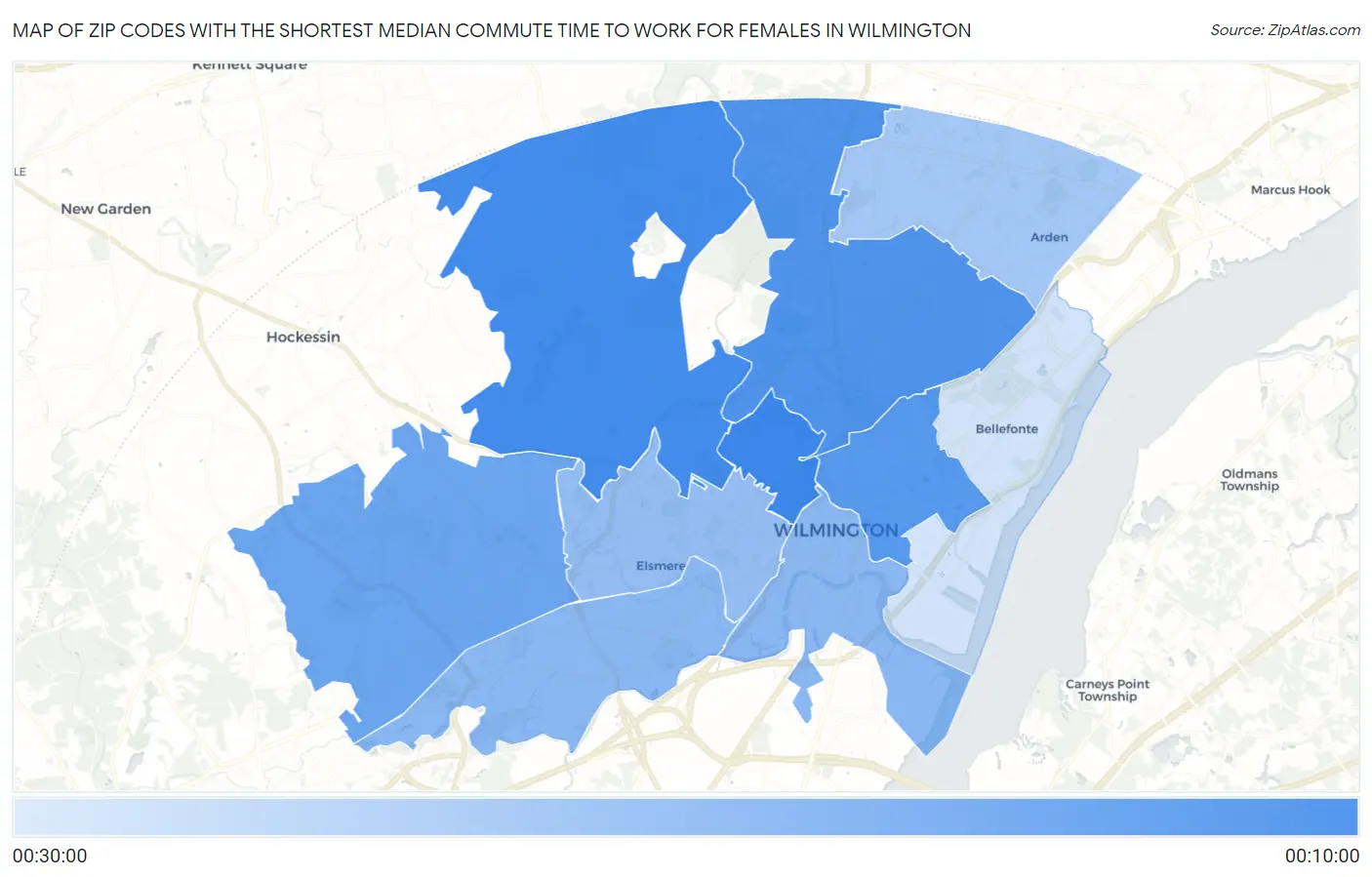 Zip Codes with the Shortest Median Commute Time to Work for Females in Wilmington Map