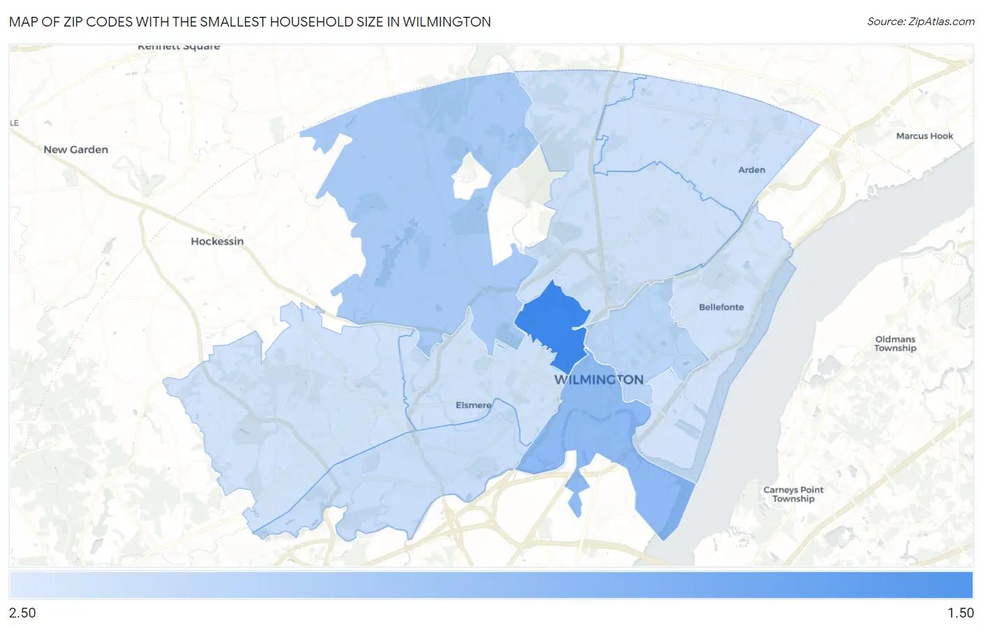 Zip Codes with the Smallest Household Size in Wilmington Map