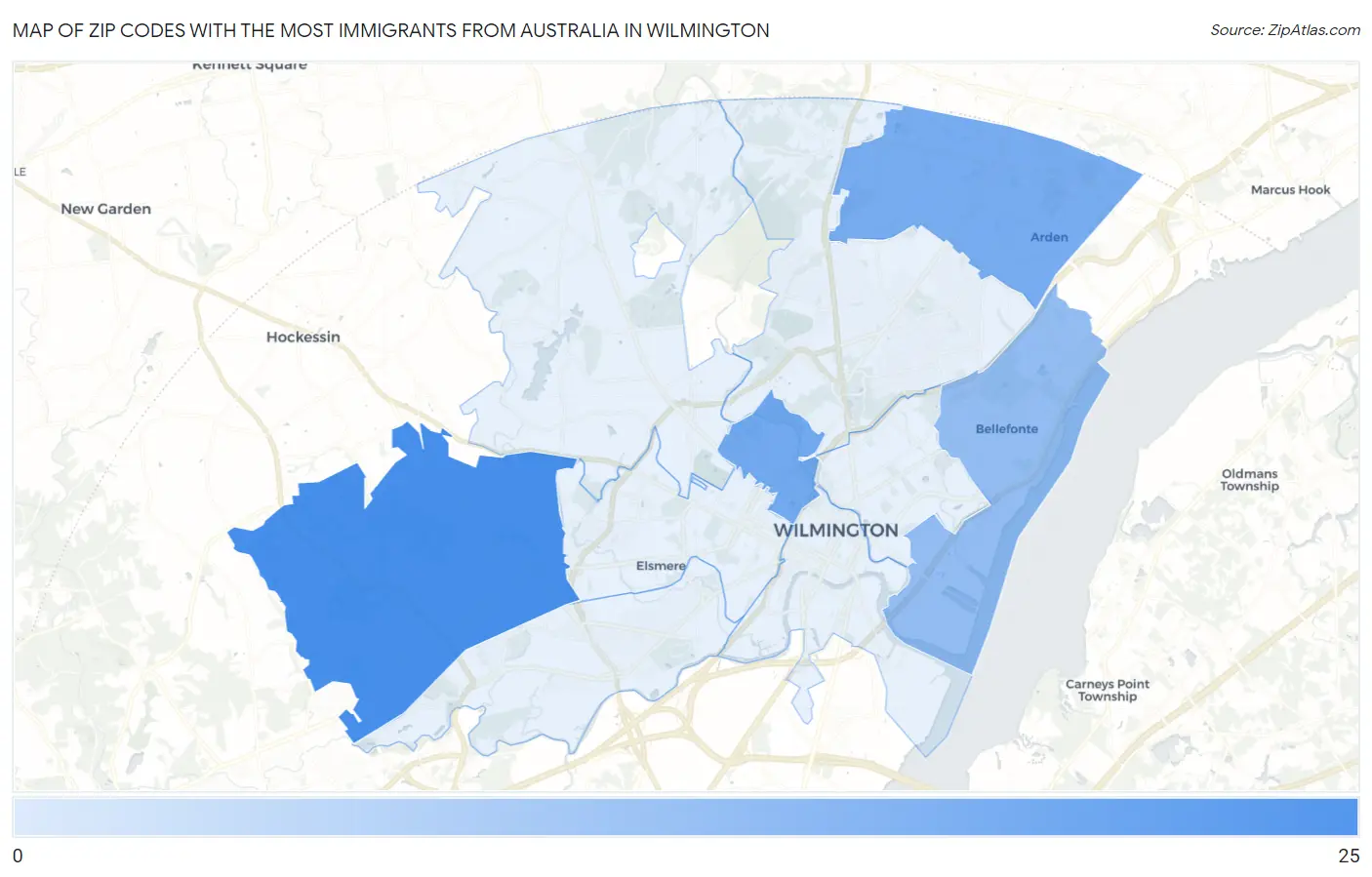 Zip Codes with the Most Immigrants from Australia in Wilmington Map
