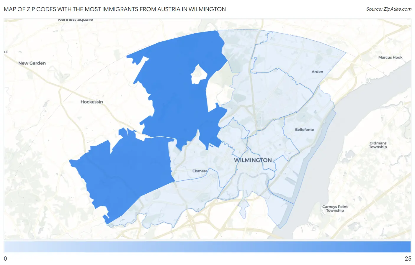 Zip Codes with the Most Immigrants from Austria in Wilmington Map