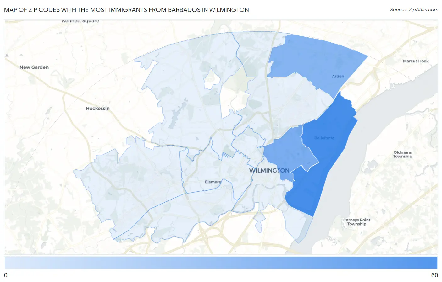 Zip Codes with the Most Immigrants from Barbados in Wilmington Map