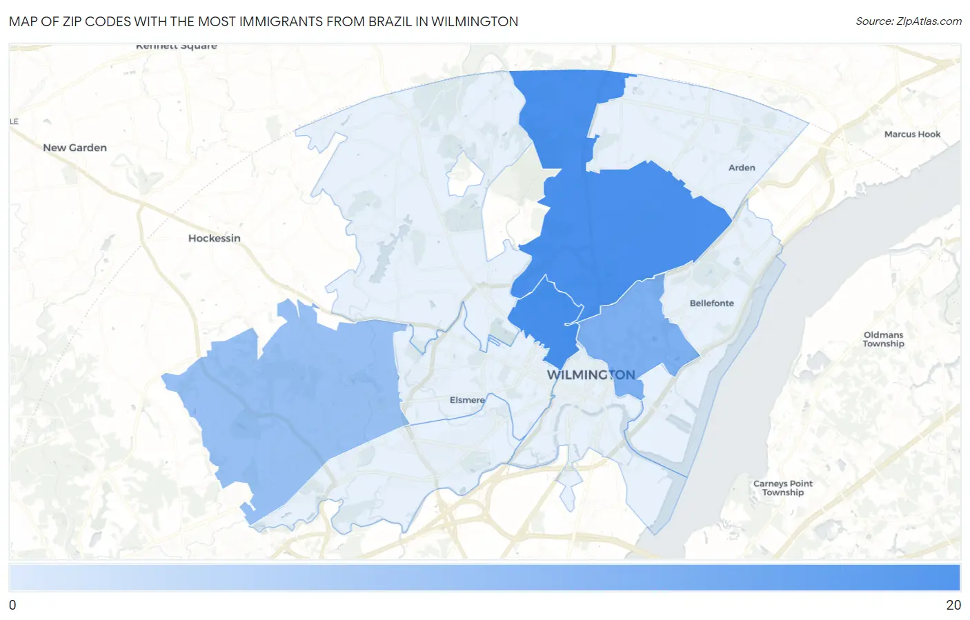Zip Codes with the Most Immigrants from Brazil in Wilmington Map