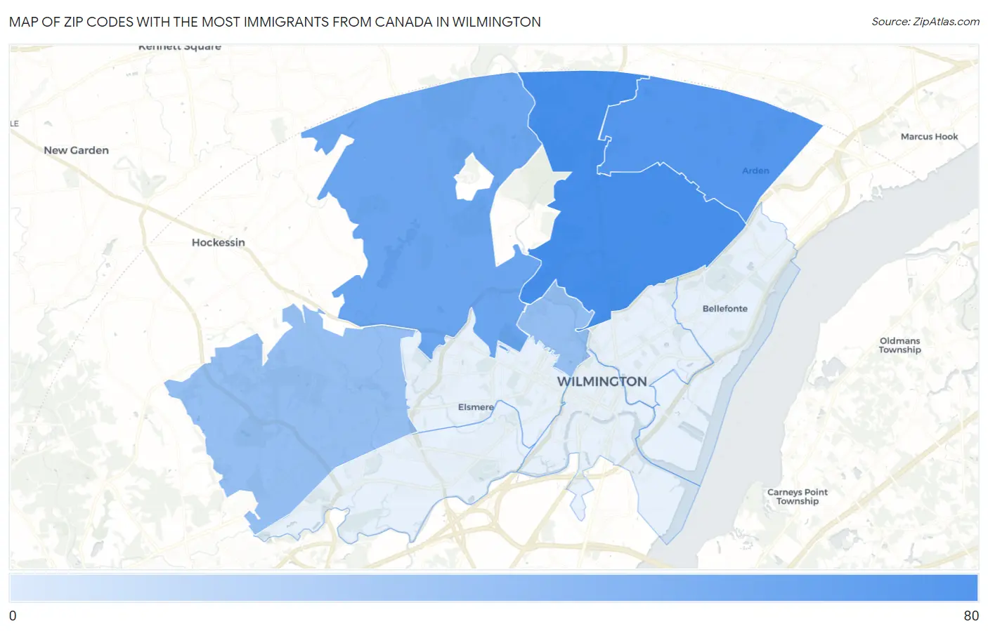 Zip Codes with the Most Immigrants from Canada in Wilmington Map