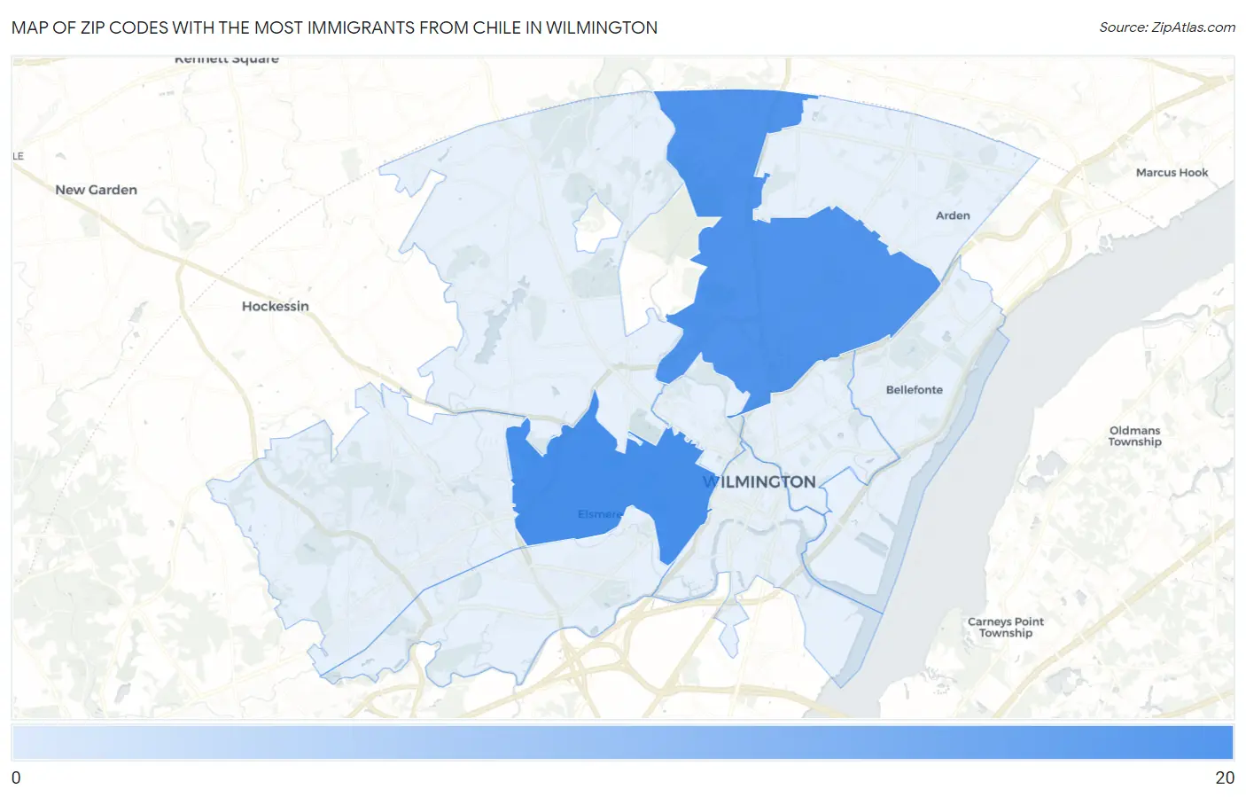 Zip Codes with the Most Immigrants from Chile in Wilmington Map