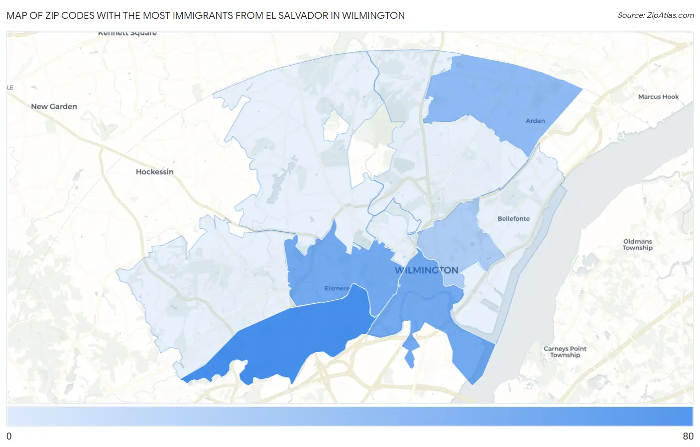 Zip Codes with the Most Immigrants from El Salvador in Wilmington Map