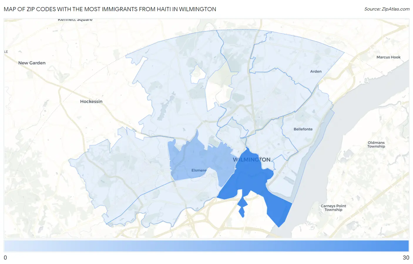 Zip Codes with the Most Immigrants from Haiti in Wilmington Map