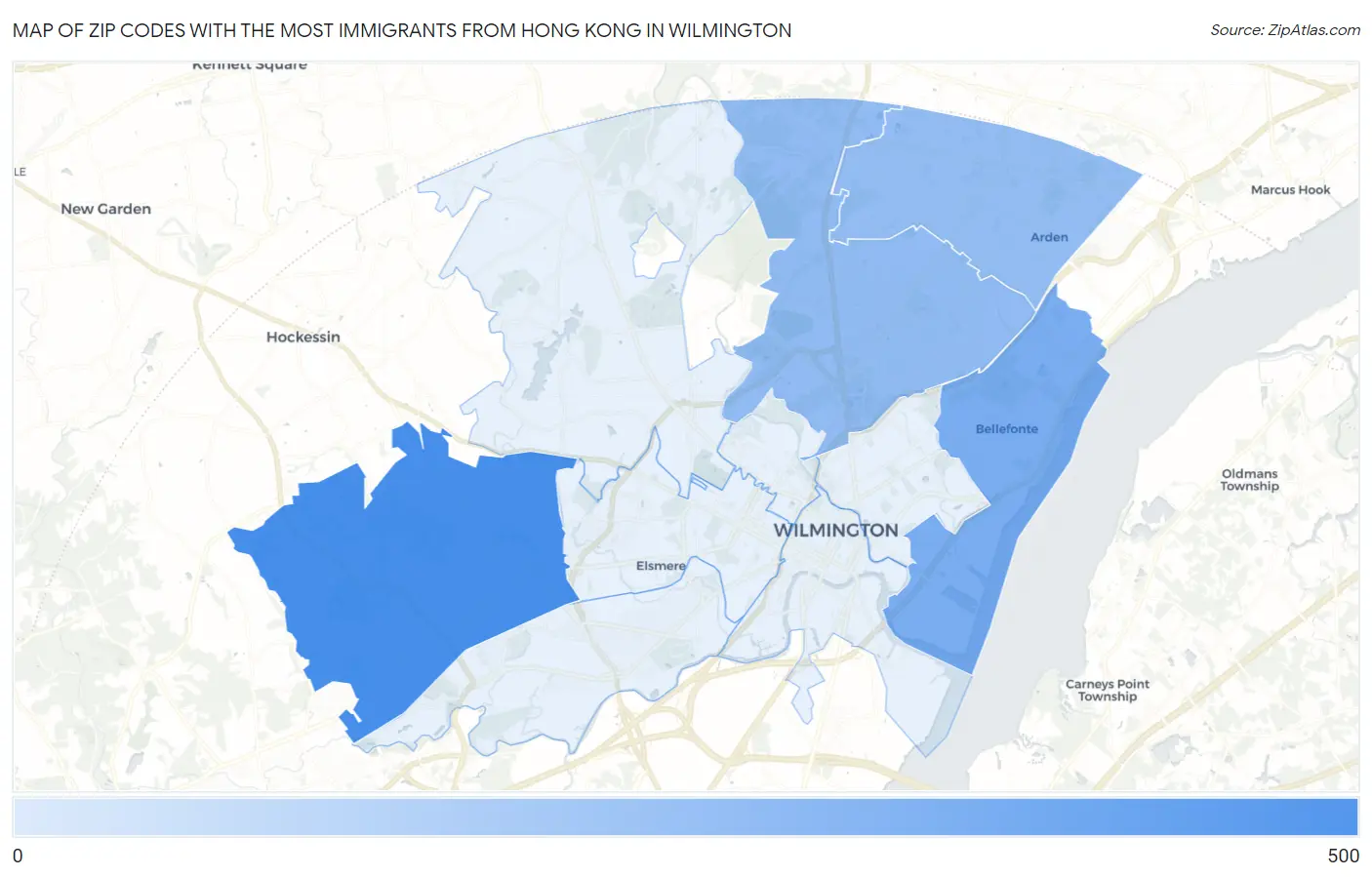 Zip Codes with the Most Immigrants from Hong Kong in Wilmington Map