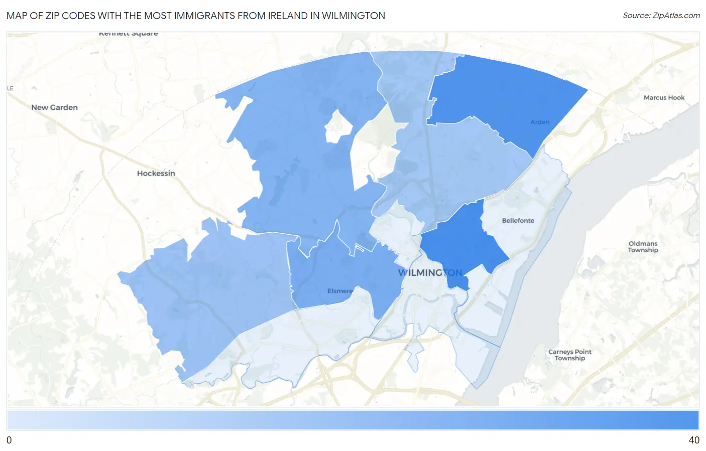 Zip Codes with the Most Immigrants from Ireland in Wilmington Map