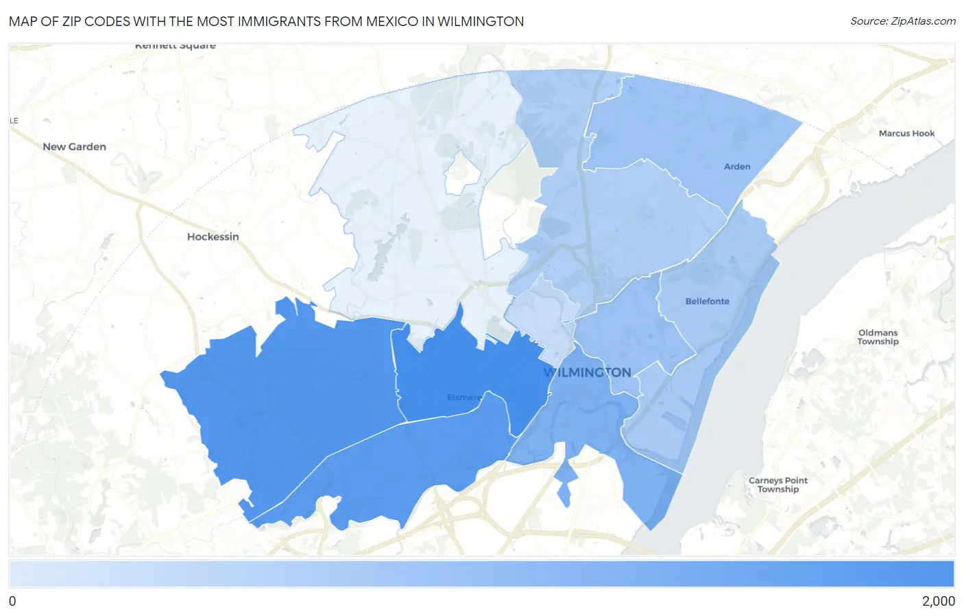 Zip Codes with the Most Immigrants from Mexico in Wilmington Map