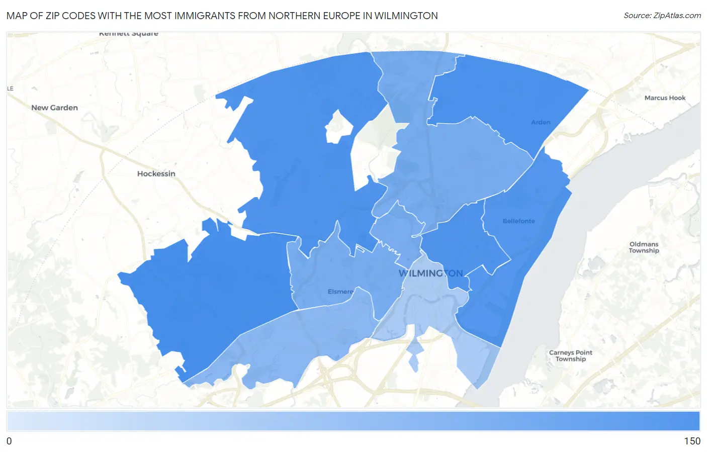 Zip Codes with the Most Immigrants from Northern Europe in Wilmington Map