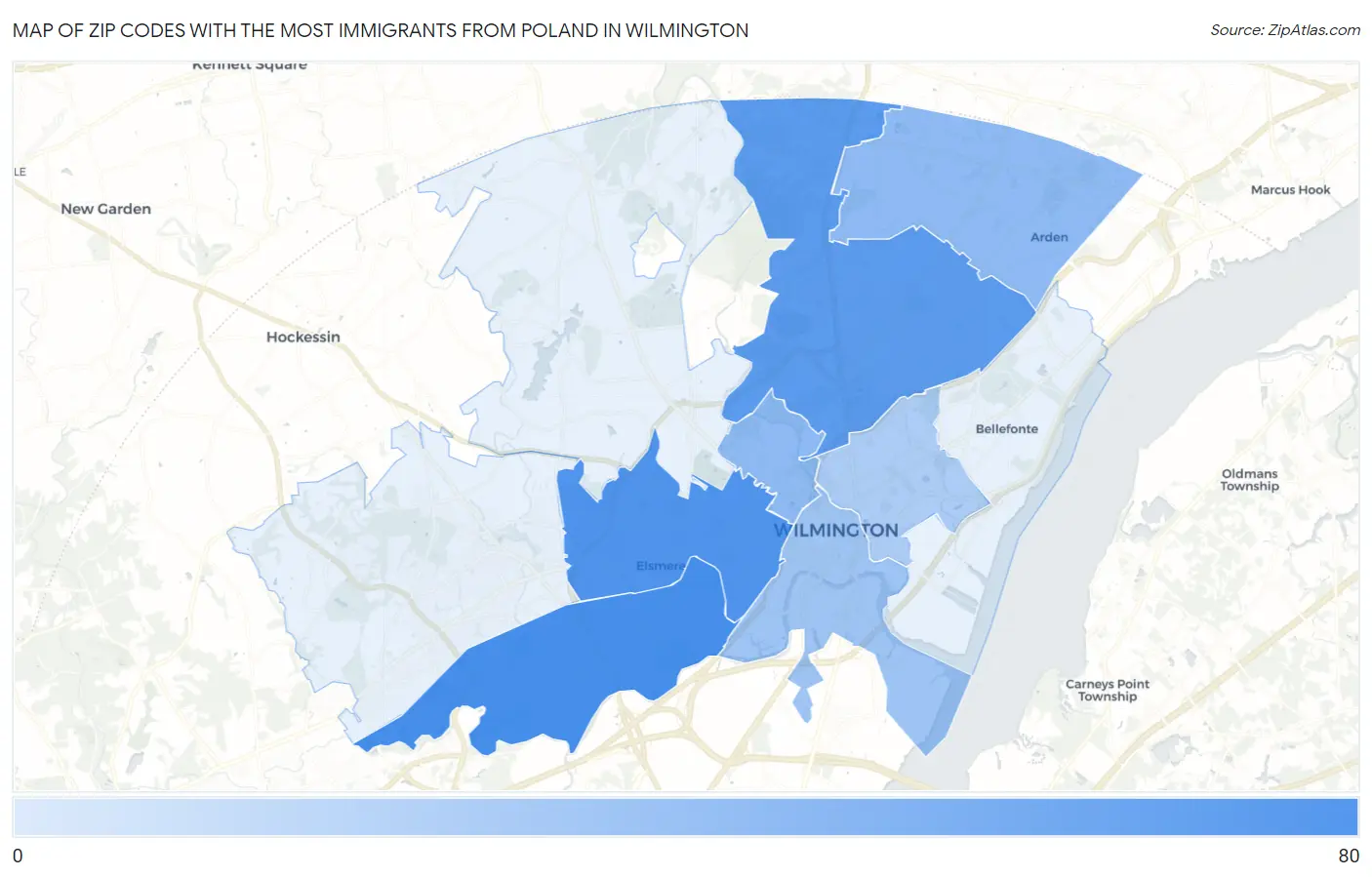 Zip Codes with the Most Immigrants from Poland in Wilmington Map