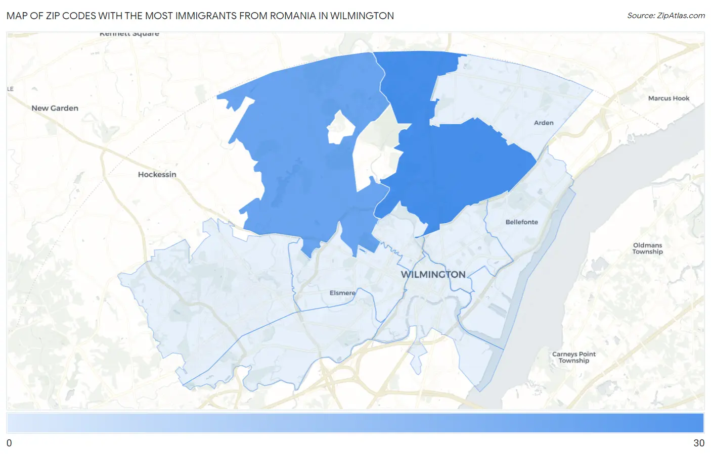 Zip Codes with the Most Immigrants from Romania in Wilmington Map