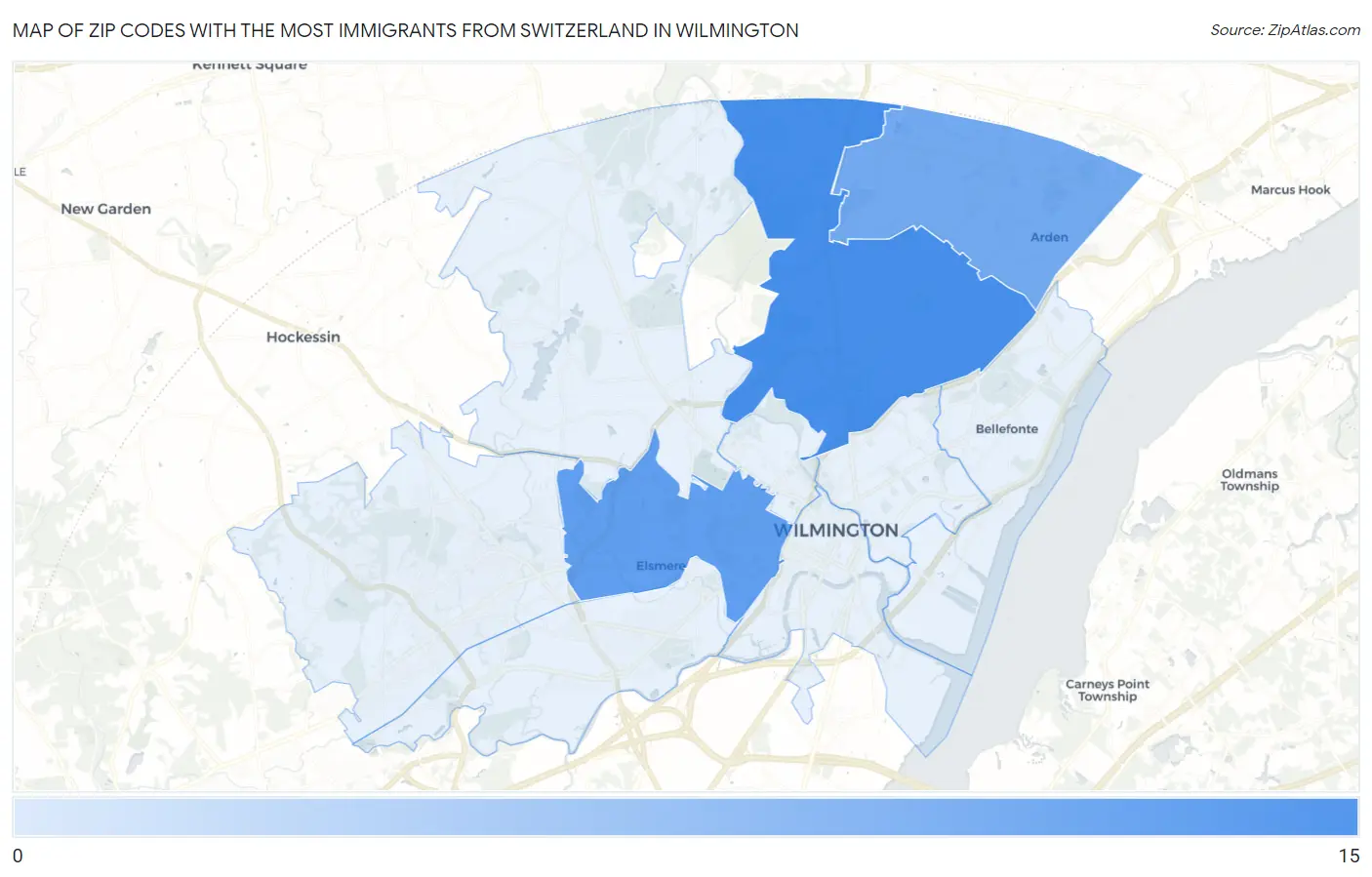 Zip Codes with the Most Immigrants from Switzerland in Wilmington Map