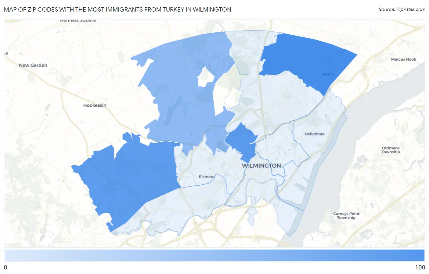 Zip Codes with the Most Immigrants from Turkey in Wilmington Map