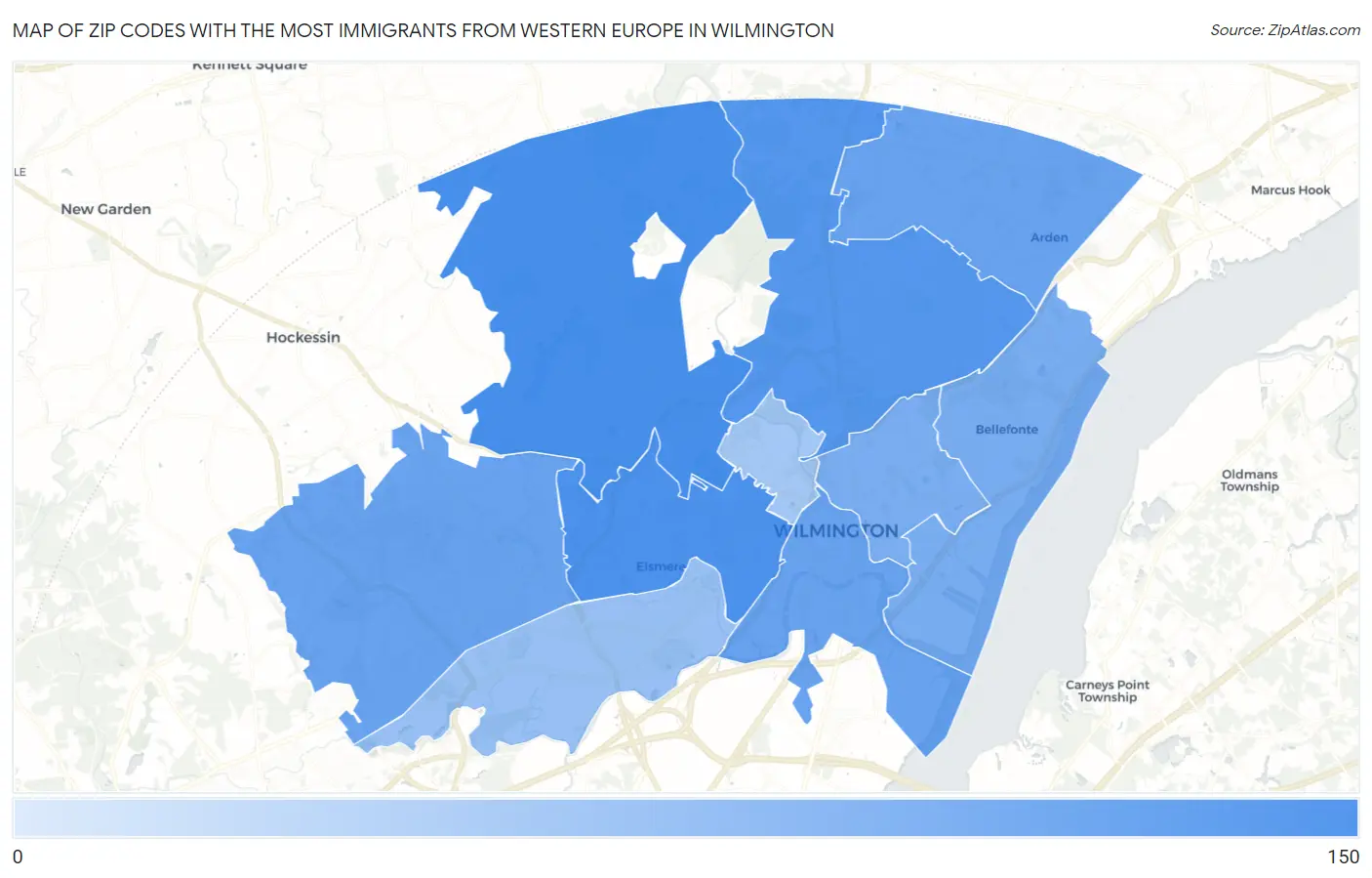 Zip Codes with the Most Immigrants from Western Europe in Wilmington Map