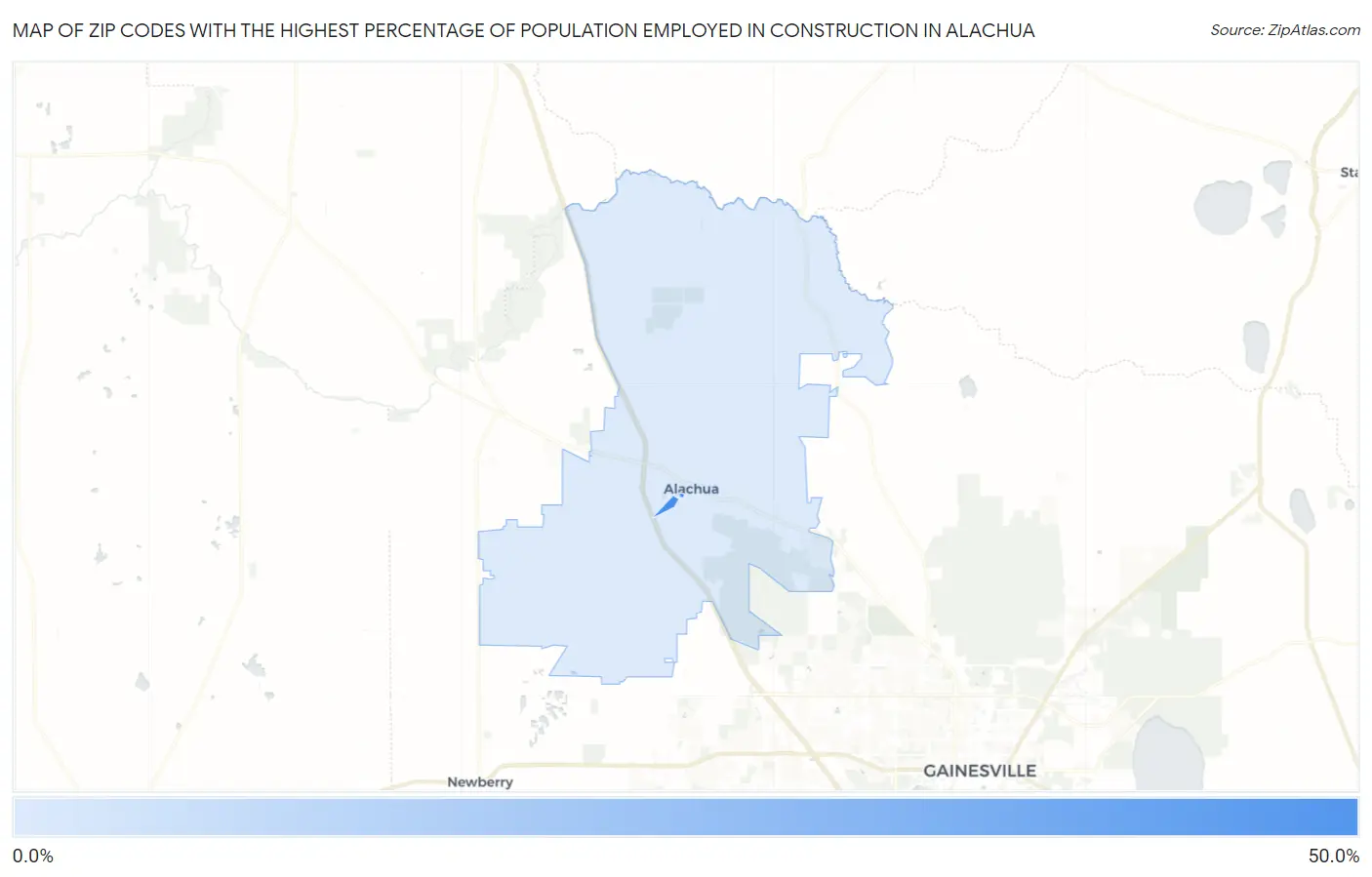 Zip Codes with the Highest Percentage of Population Employed in Construction in Alachua Map