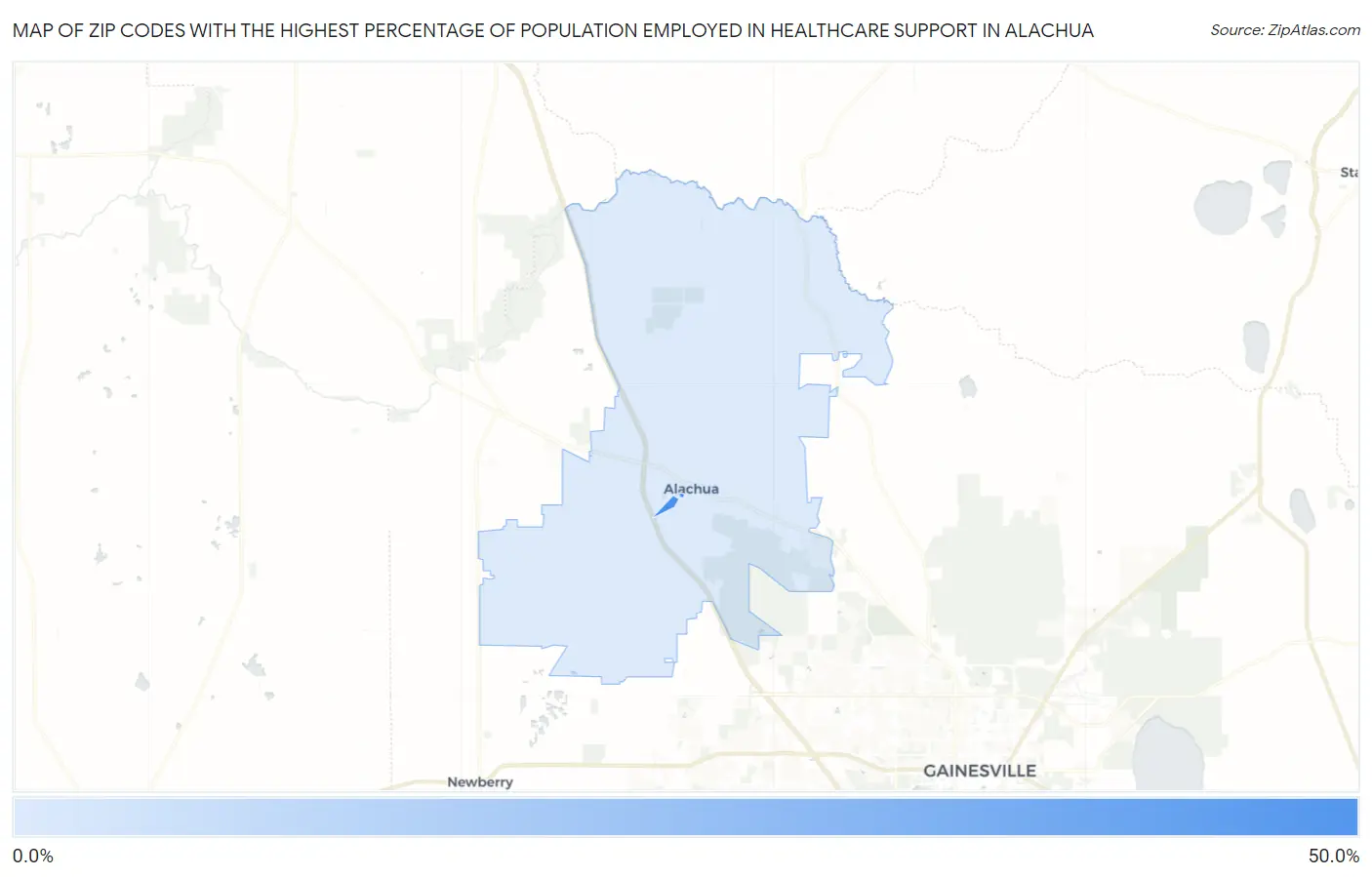 Zip Codes with the Highest Percentage of Population Employed in Healthcare Support in Alachua Map