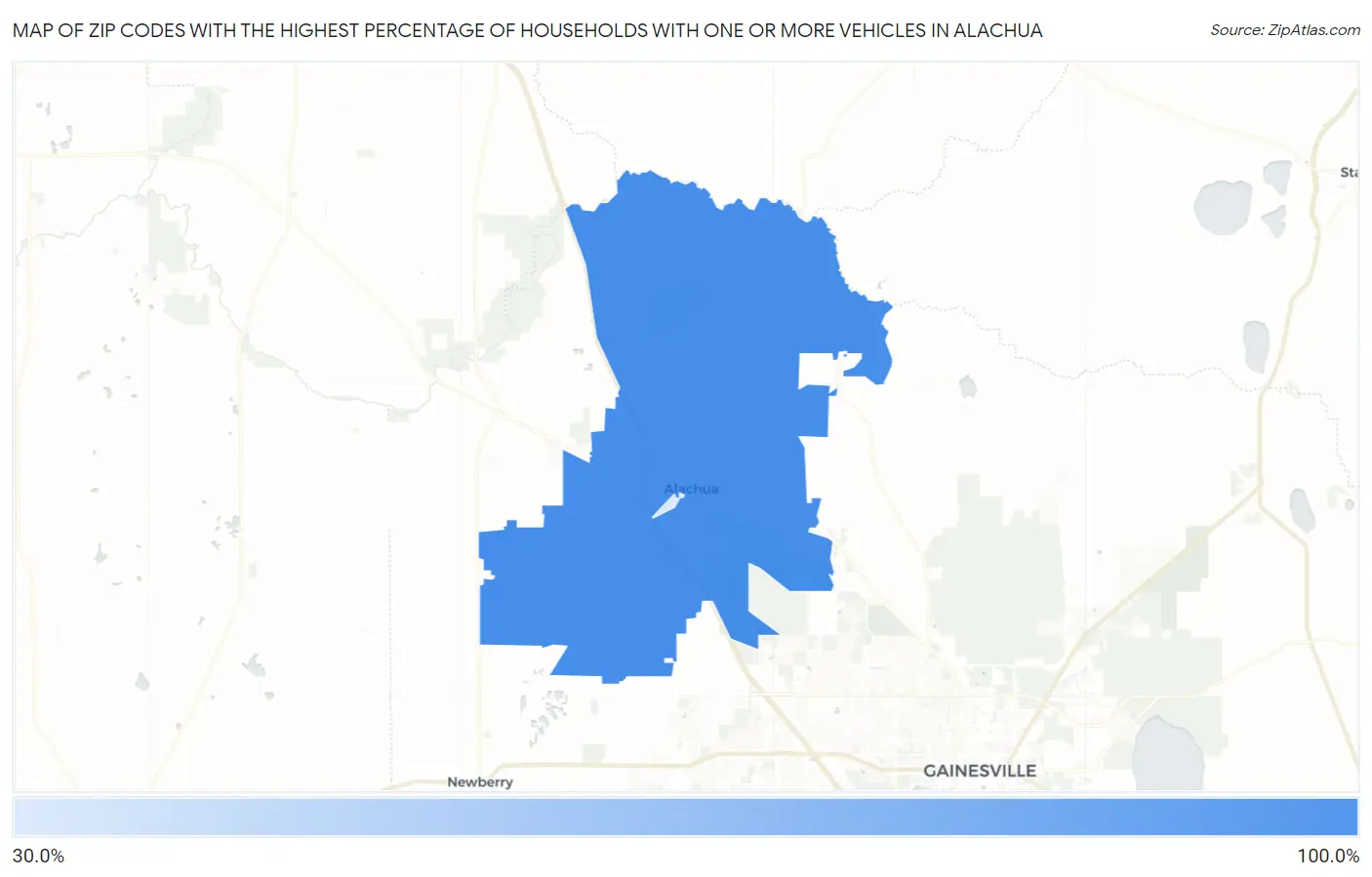 Zip Codes with the Highest Percentage of Households With One or more Vehicles in Alachua Map