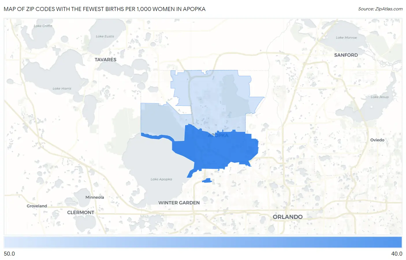 Zip Codes with the Fewest Births per 1,000 Women in Apopka Map