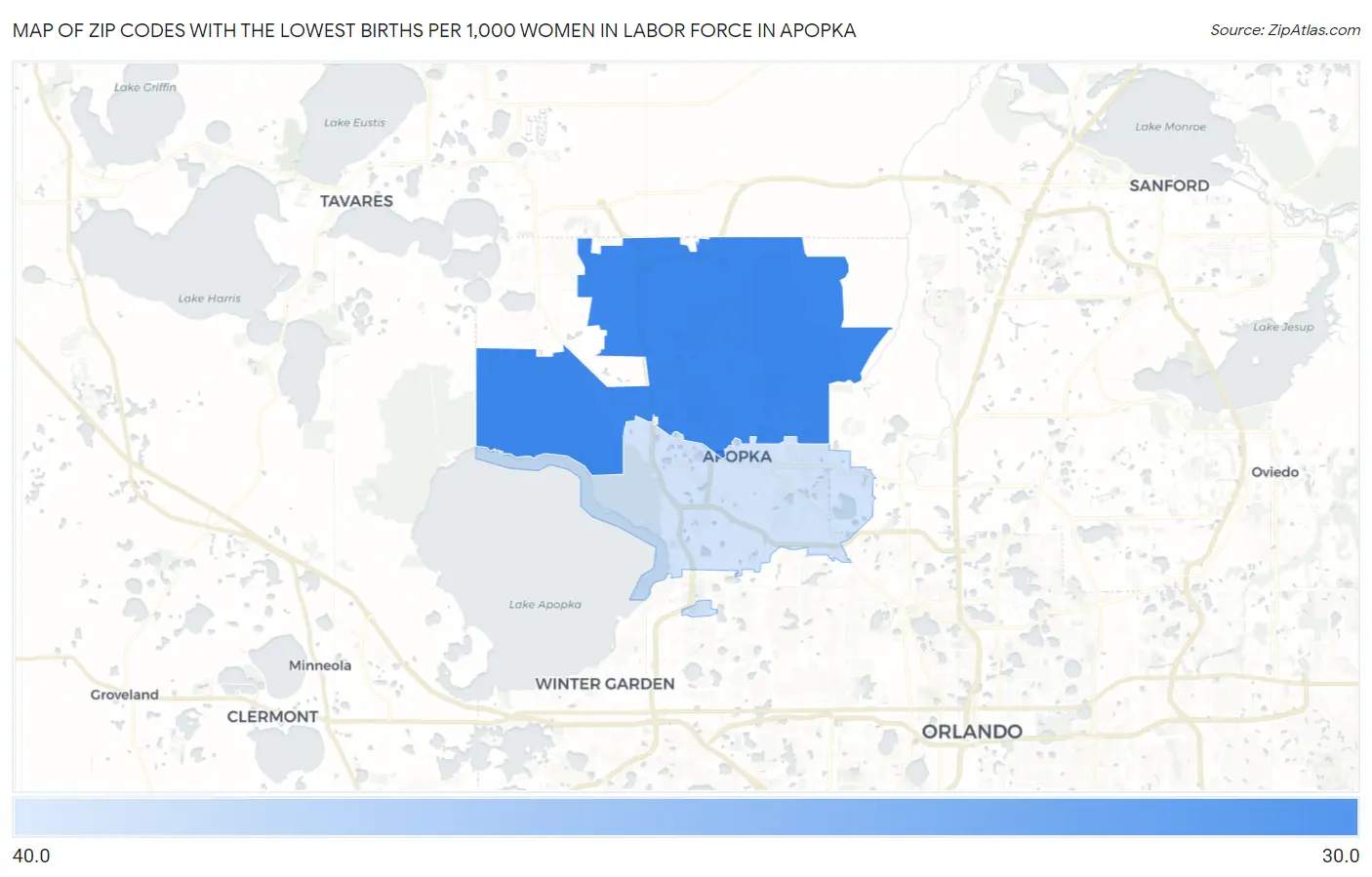 Zip Codes with the Lowest Births per 1,000 Women in Labor Force in Apopka Map