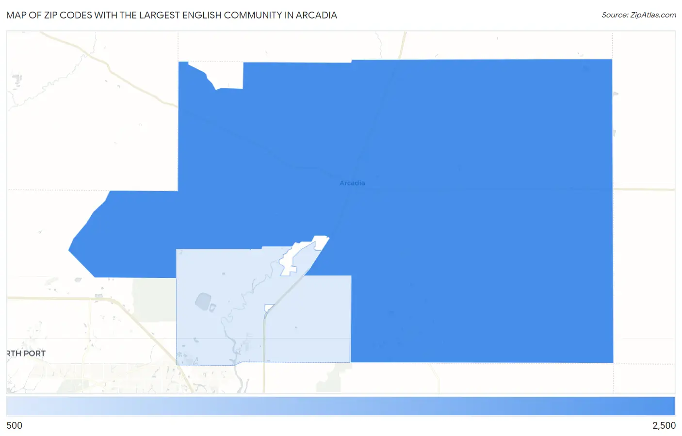 Zip Codes with the Largest English Community in Arcadia Map