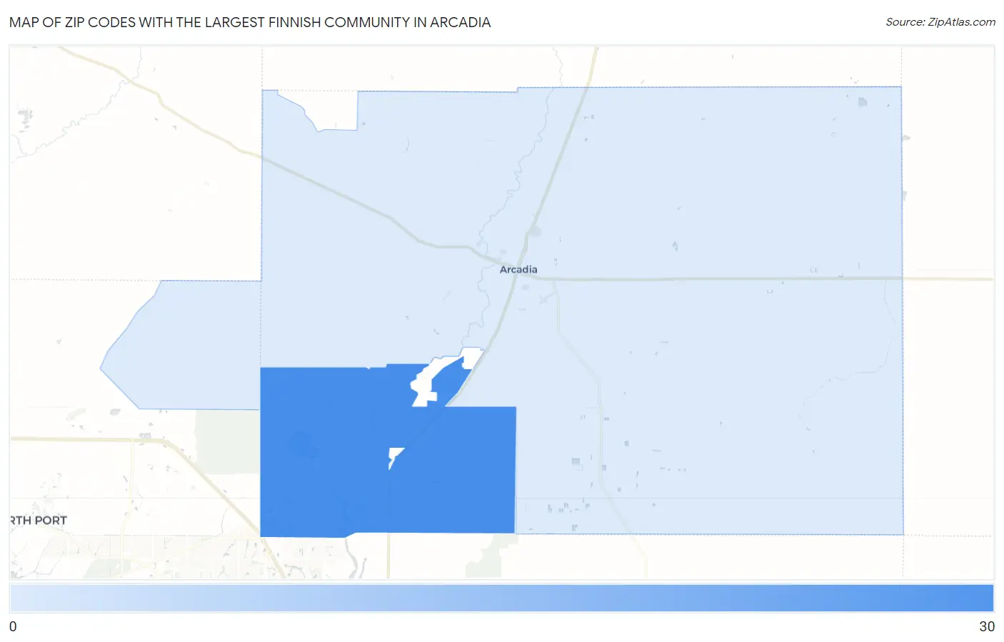 Zip Codes with the Largest Finnish Community in Arcadia Map