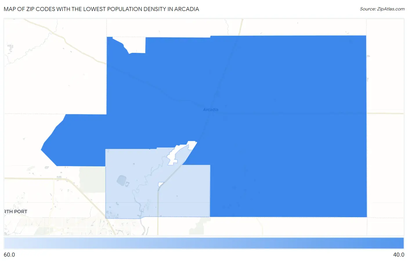 Zip Codes with the Lowest Population Density in Arcadia Map