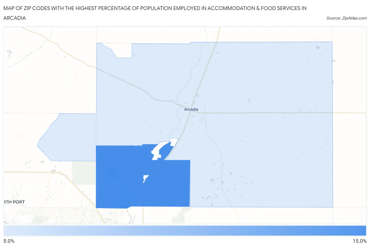 Zip Codes with the Highest Percentage of Population Employed in Accommodation & Food Services in Arcadia Map