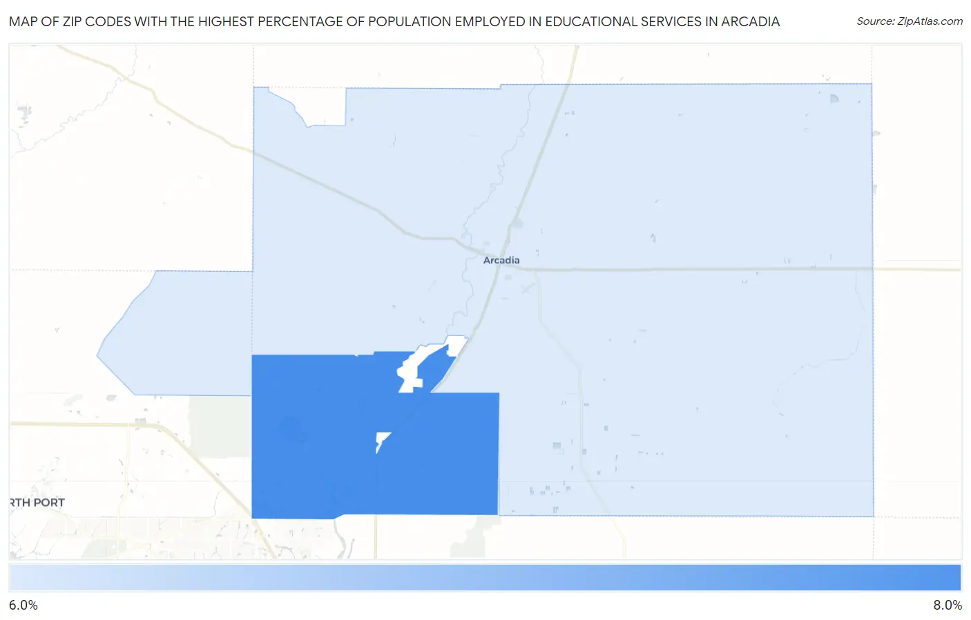 Zip Codes with the Highest Percentage of Population Employed in Educational Services in Arcadia Map