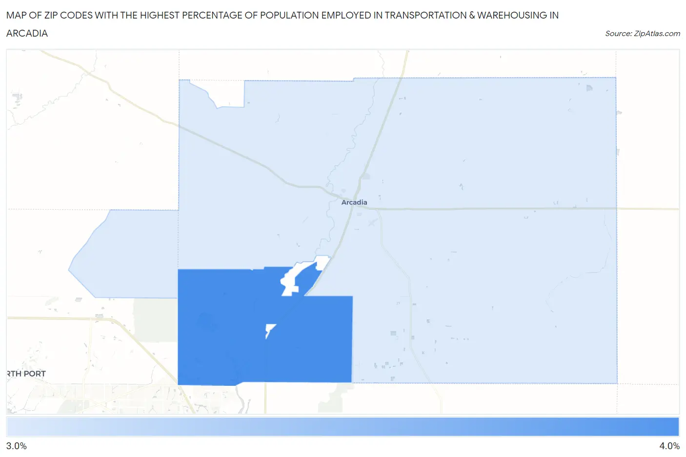 Zip Codes with the Highest Percentage of Population Employed in Transportation & Warehousing in Arcadia Map