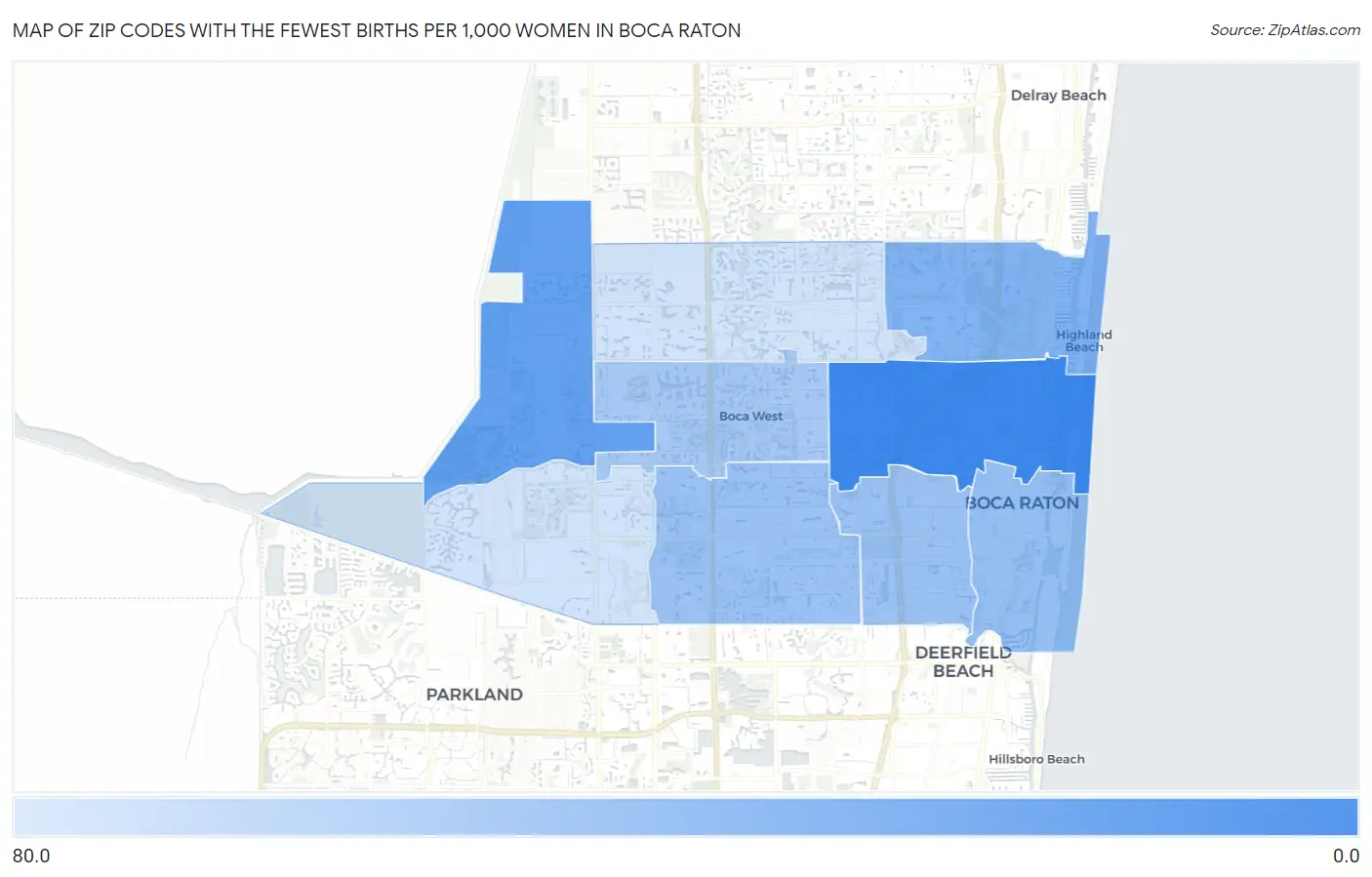 Zip Codes with the Fewest Births per 1,000 Women in Boca Raton Map