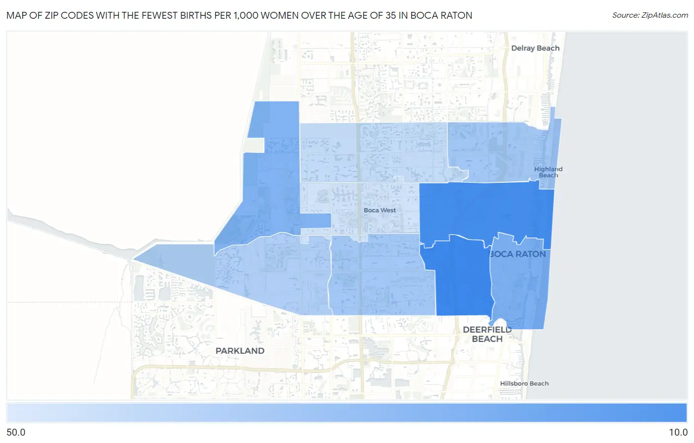 Zip Codes with the Fewest Births per 1,000 Women Over the Age of 35 in Boca Raton Map