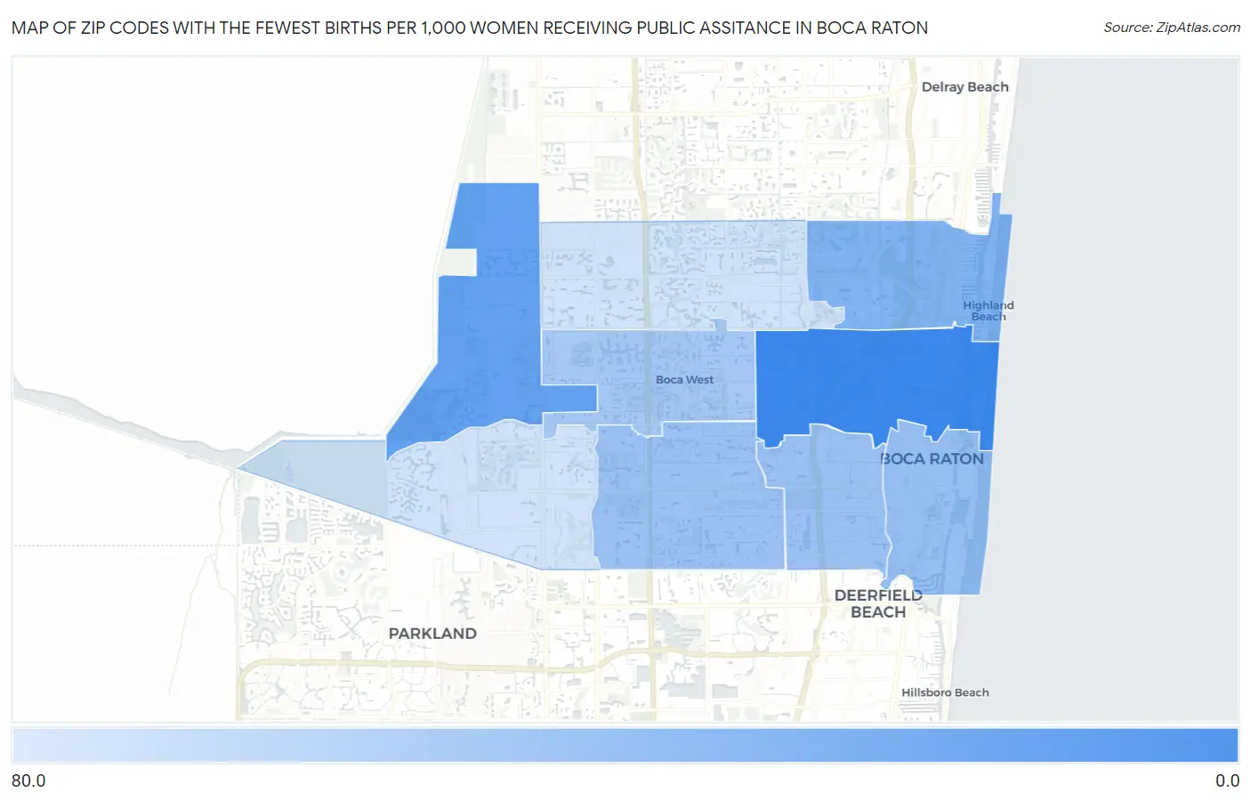 Zip Codes with the Fewest Births per 1,000 Women Receiving Public Assitance in Boca Raton Map
