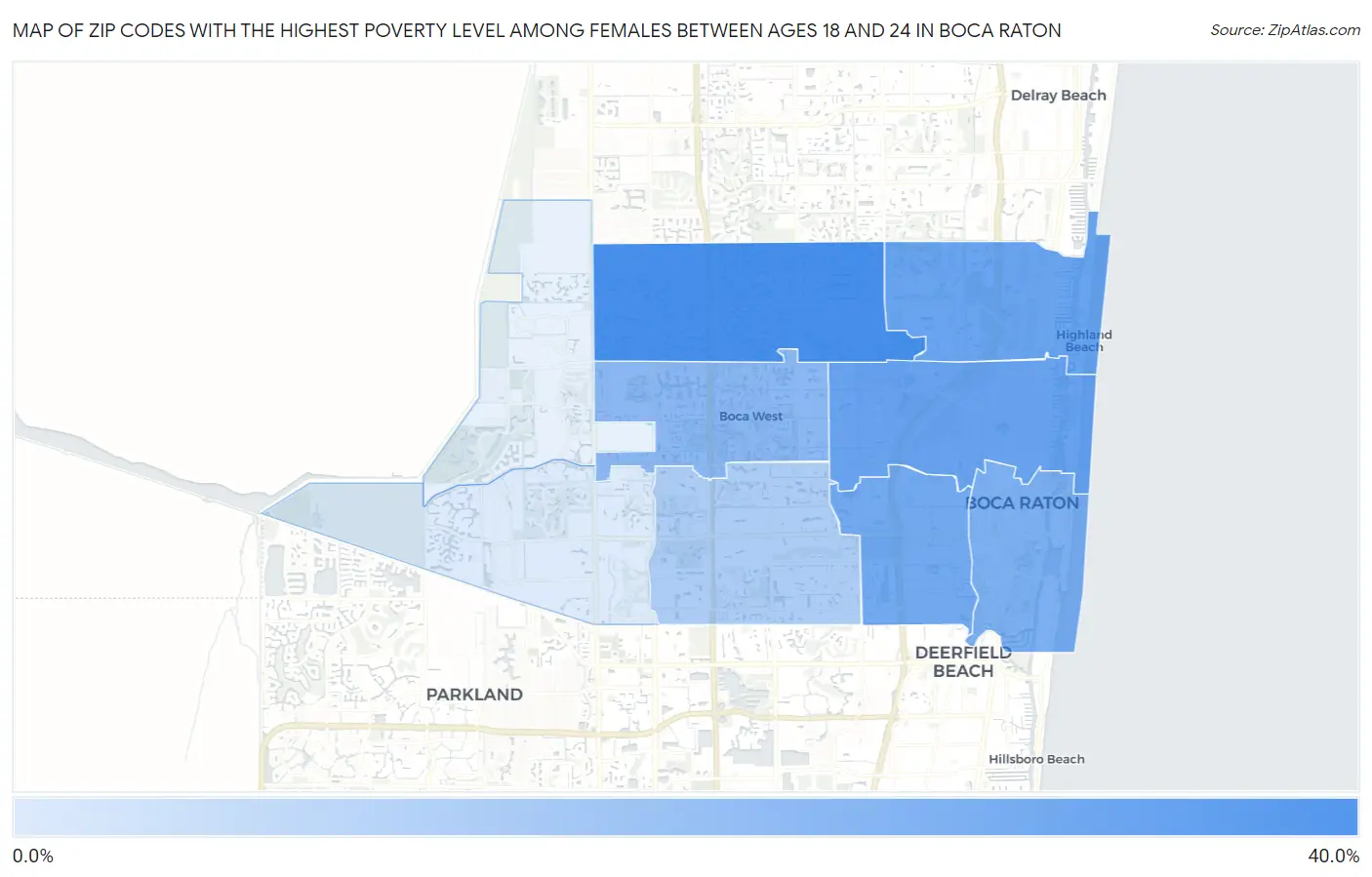 Zip Codes with the Highest Poverty Level Among Females Between Ages 18 and 24 in Boca Raton Map