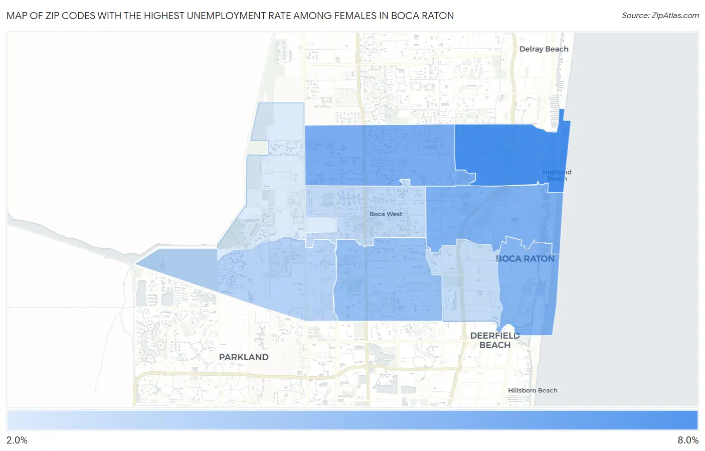 Zip Codes with the Highest Unemployment Rate Among Females in Boca Raton Map