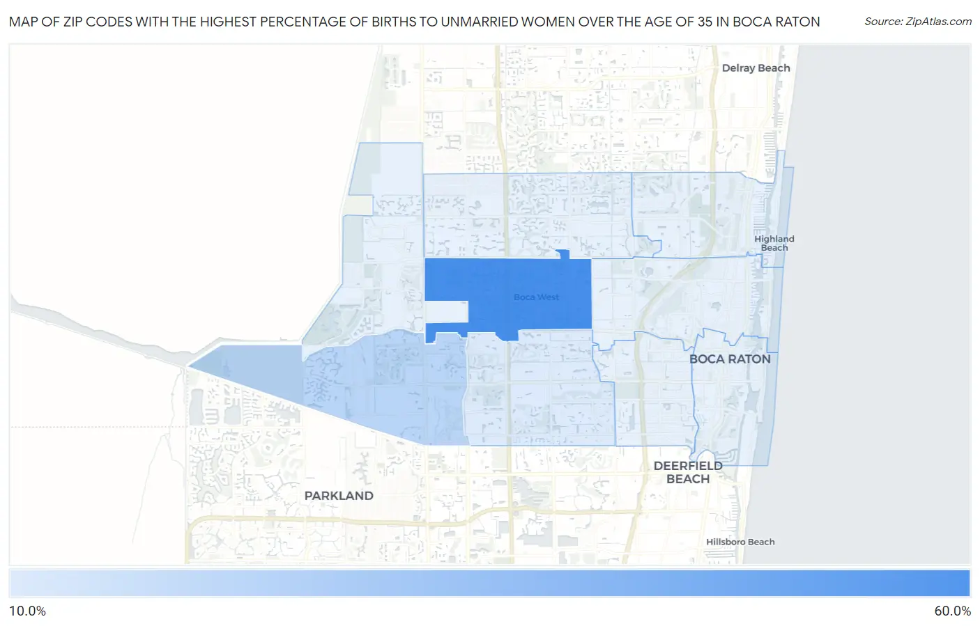 Zip Codes with the Highest Percentage of Births to Unmarried Women over the Age of 35 in Boca Raton Map
