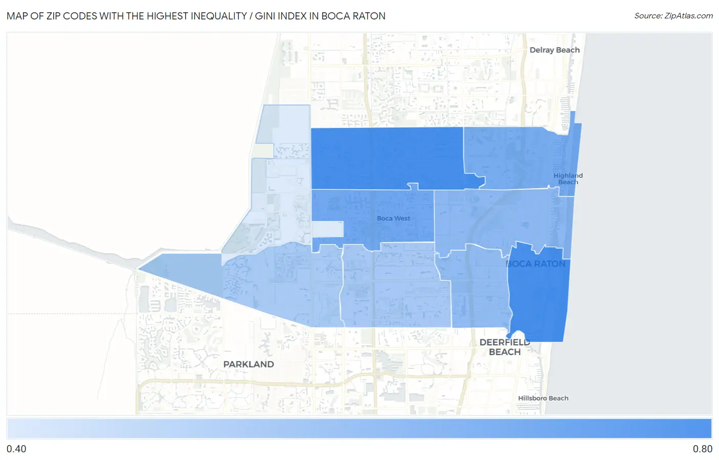 Zip Codes with the Highest Inequality / Gini Index in Boca Raton Map