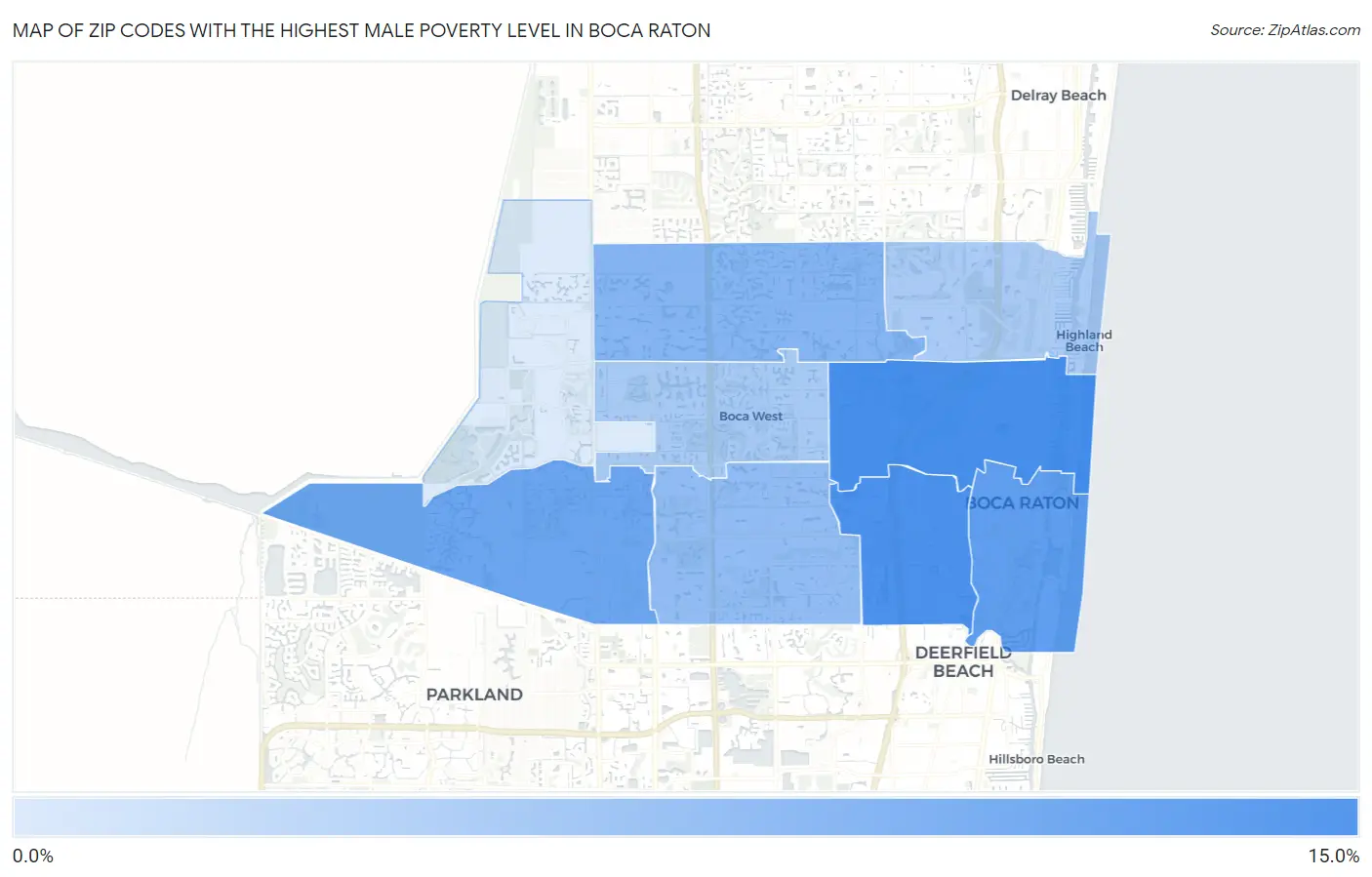Zip Codes with the Highest Male Poverty Level in Boca Raton Map