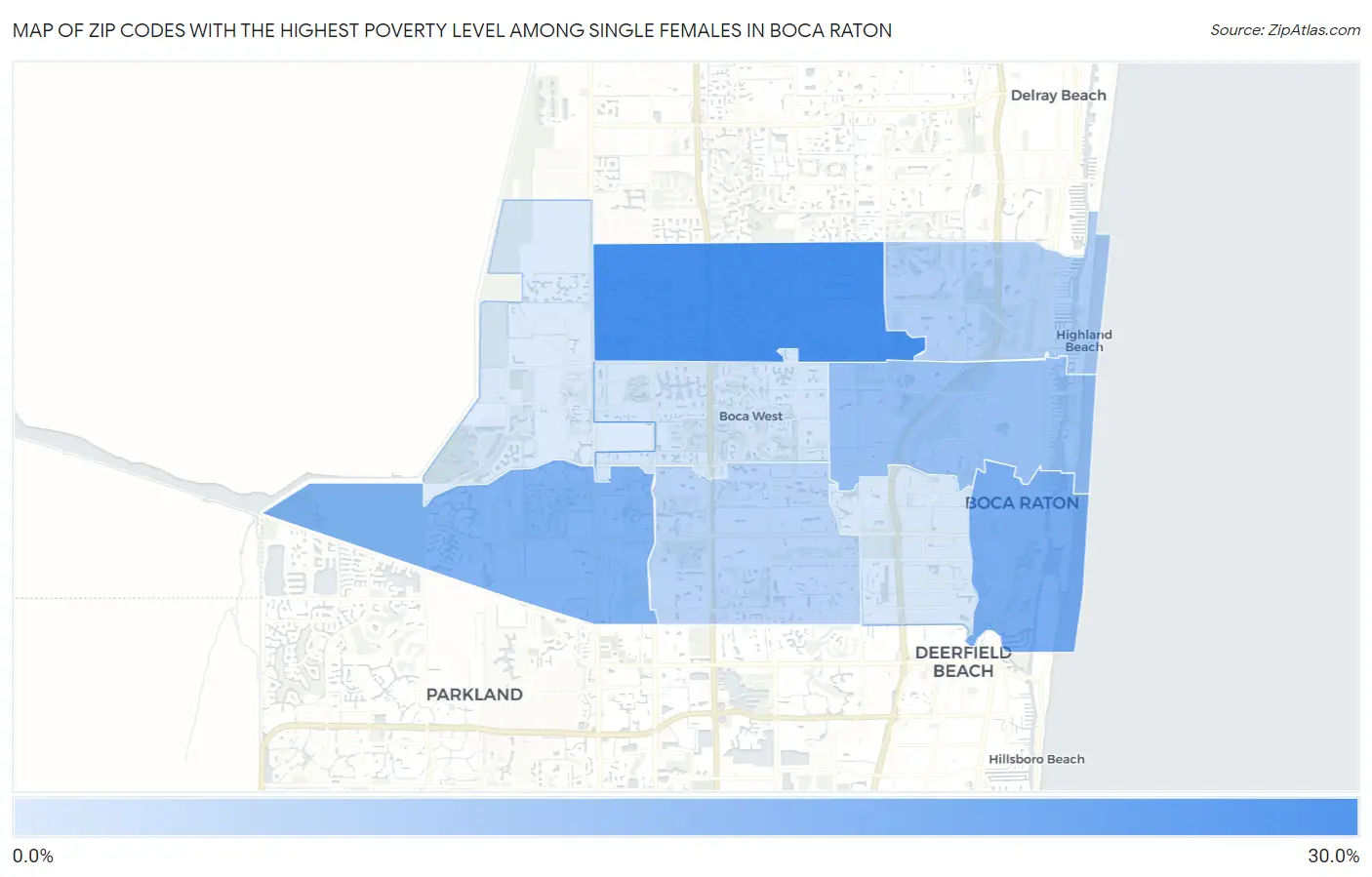 Zip Codes with the Highest Poverty Level Among Single Females in Boca Raton Map