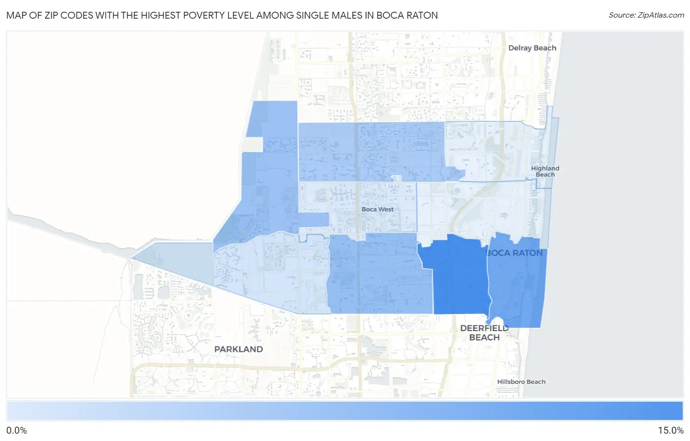 Zip Codes with the Highest Poverty Level Among Single Males in Boca Raton Map