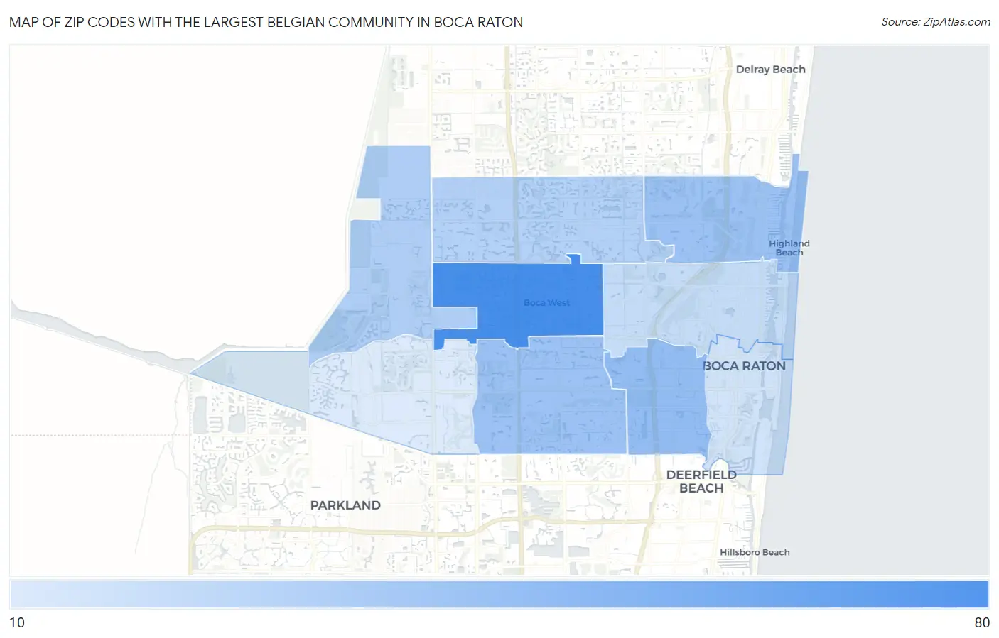 Zip Codes with the Largest Belgian Community in Boca Raton Map